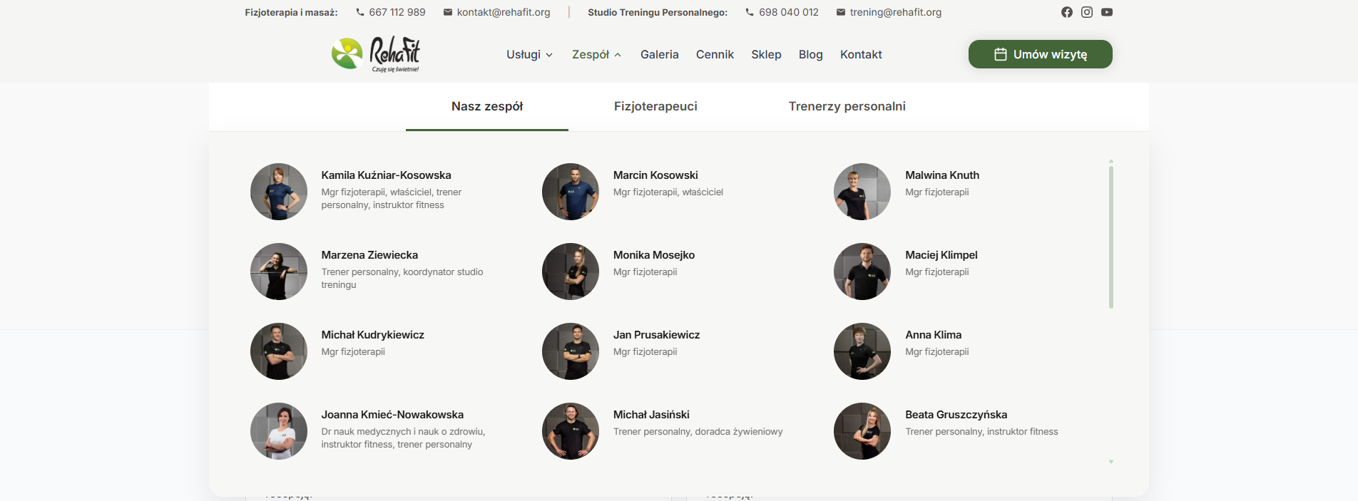 RehaFit mega menu ze specjalistami podzielonymi na działy