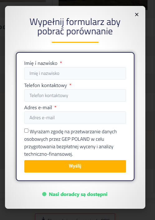 Porównywarka żurawi – formularz eksportu do PDF