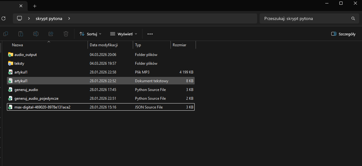 Struktura folderów projektu - teksty, skrypty Python, pliki wyjściowe