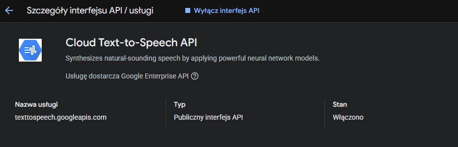 Google Cloud Console - włączone Cloud Text-to-Speech API