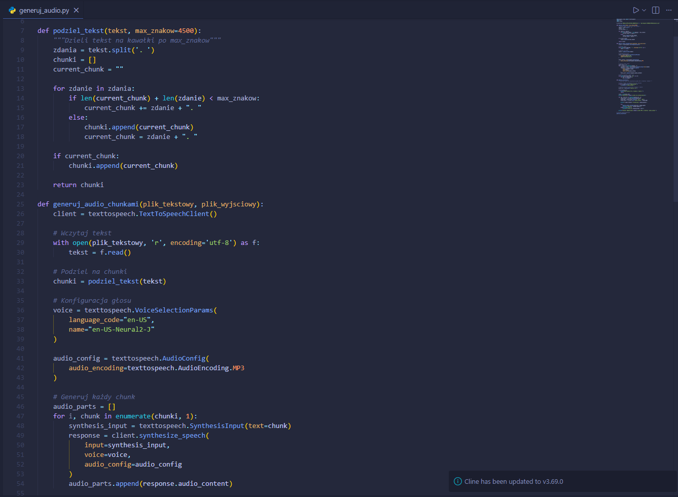 Kod Python - funkcja dzielenia tekstu i generacji audio