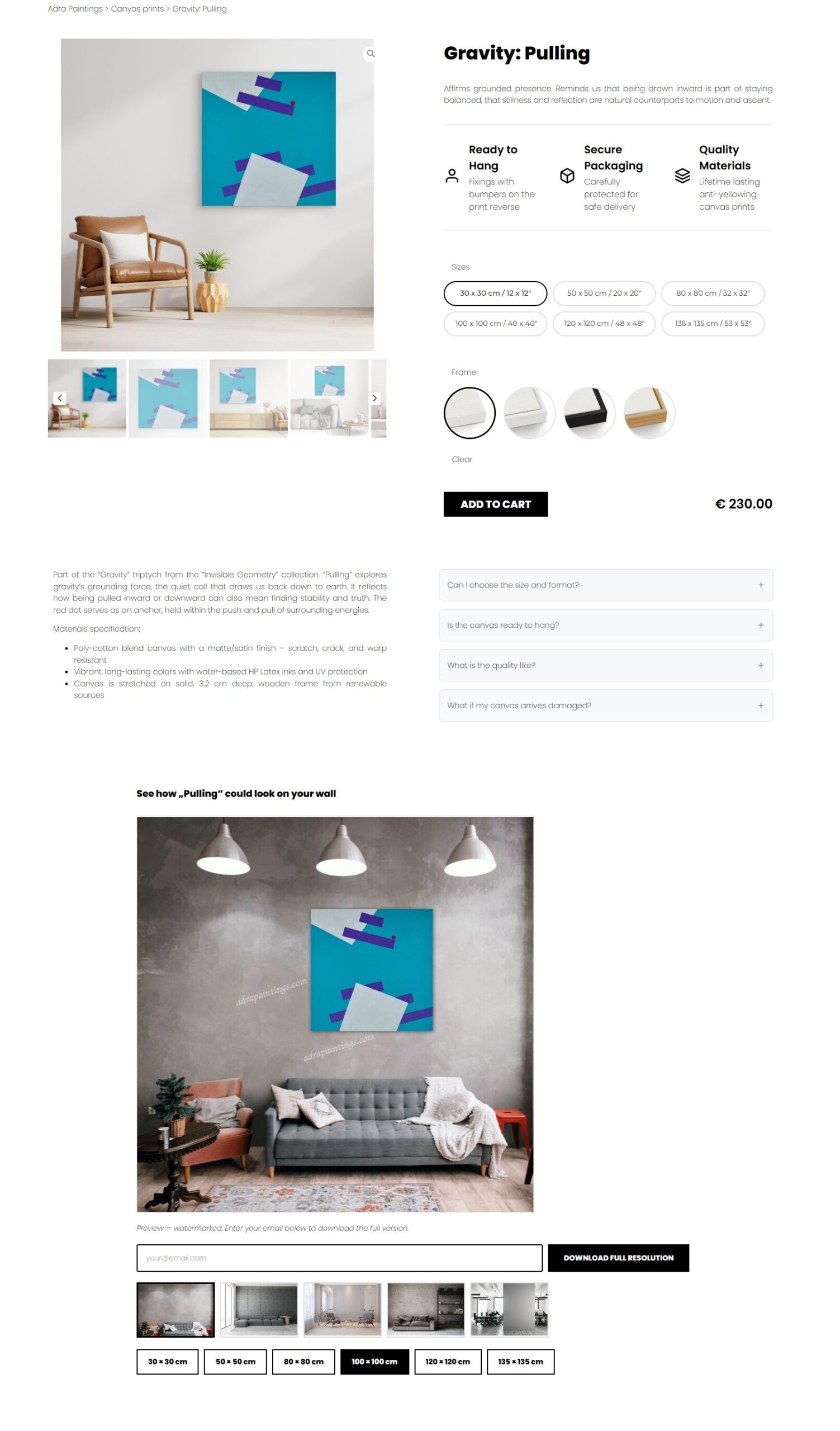 Mockup generator na stronie produktu WooCommerce – widok z wyborem rozmiaru płótna